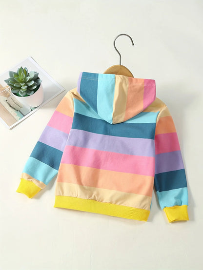 Girls' Trendy Casual Hooded Sports Jacket Multi-Color Striped Long Sleeve Coat Spring Autumn Fashion Outerwear for Kids