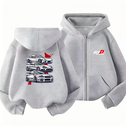 Children Age 3-12 Hoodies Zipper Cardigan Tops Boy Black Girls Pink Leisure Coat Long Sleeve Hooded Japanese Manga Racing Movie