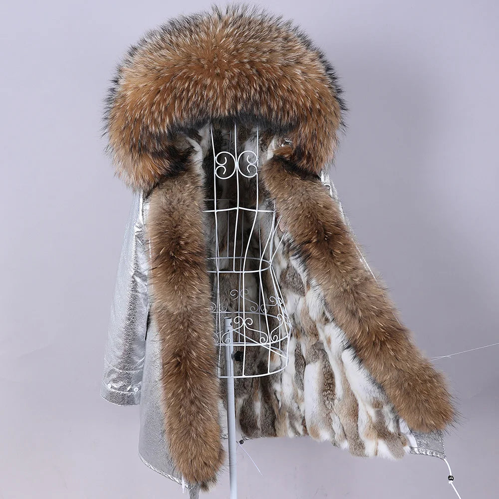 2026 Maomaokong Women's Winter Coats Rabbit Lining Jacket Natural Real Raccoon Fur Collar Parka Fox Fur Long Female Clothing