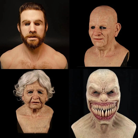 Halloween Maskes Latex Elderly Woman Man Full Head Mask Realistic Grandpa Scary Face Mask Halloween Cosplay Props Old Man Mask