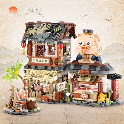 LOZ New Creative Mini Street View Bee Shop Building Block DIY Chinese Folding StreetView Pork Shop Puzzle Toys Birthday Gift