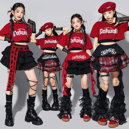 Girls K-pop Fashion Crop Top Bud Skirts Children Hip Hop Street Dance Costume Kids Streetwear Girl Group Jazz Summer Clothes Set