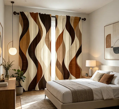 2PCS Digital Printed Curtains with Earthy Waves Design, Stylish Window Drapes for Living Room Bedroom Home Decoration and Kitche