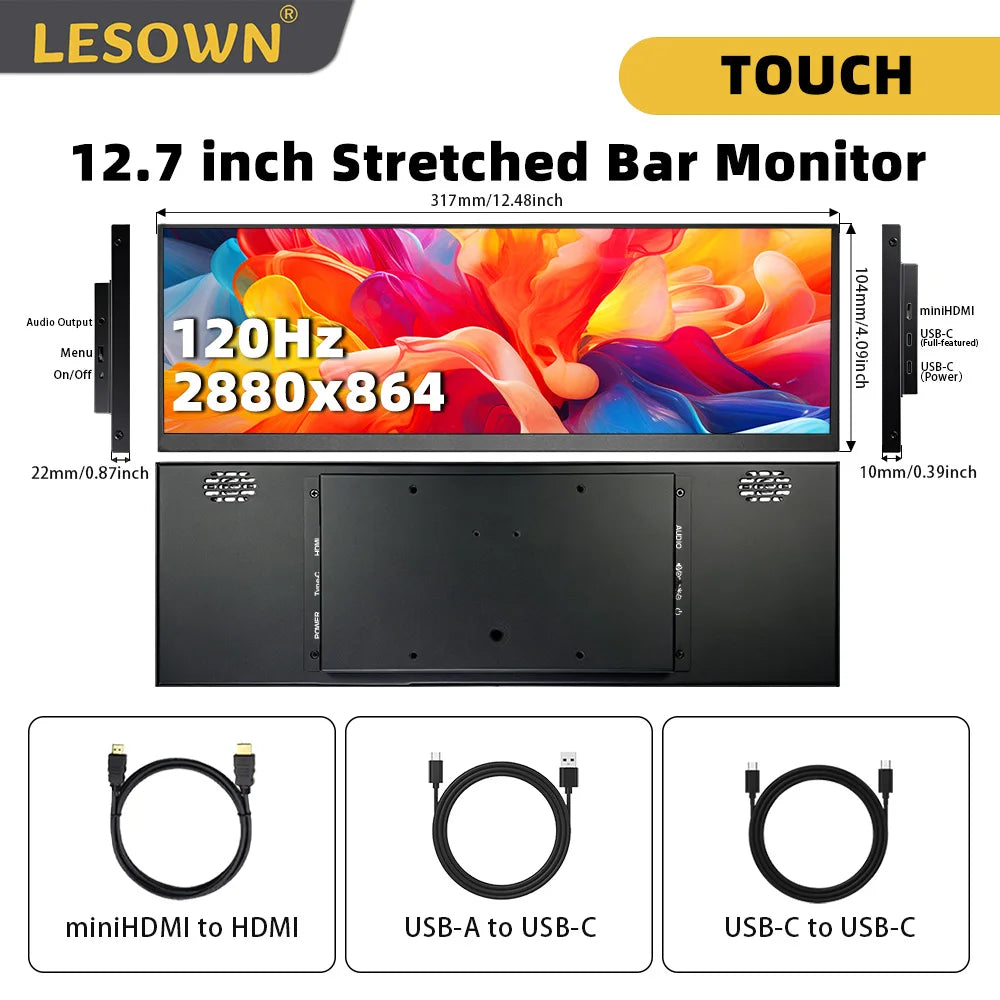 LESOWN 12.6 12.7inch 120Hz Secondary Screen FHD IPS Touch Monitor 2880x864 Stretched Bar LCD Display for Laptop Computer Windows