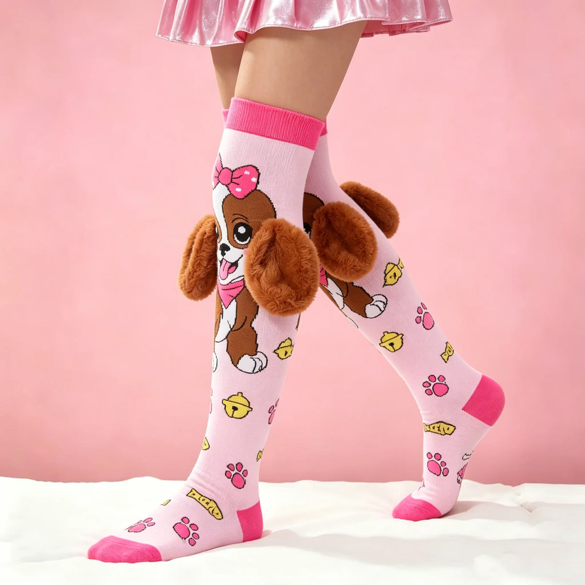 1 pair of pink, light blue cute cartoon dog girl and knee socks-with cute 3D ears, very suitable for casual clothes and gifts, h