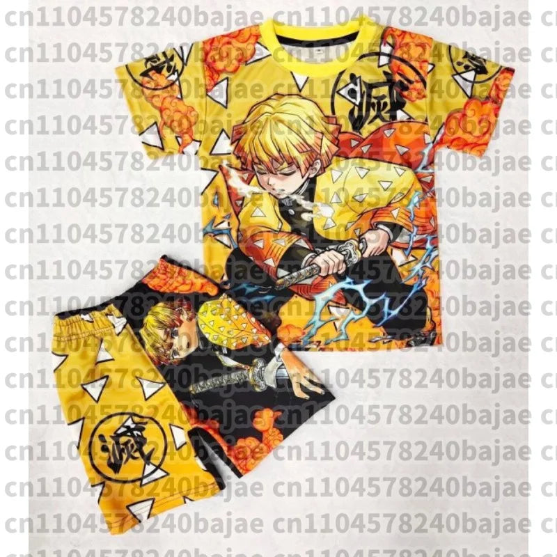 Demon Slayer Kyojuro Rengoku Flame Hashira 2-Piece Set Short Sleeve T-shirt and Matching Shorts Anime Print Casual Loungewear