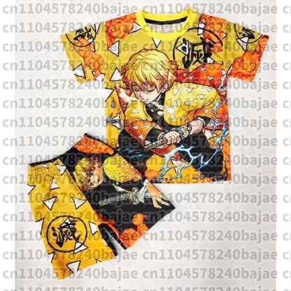 Demon Slayer Kyojuro Rengoku Flame Hashira 2-Piece Set Short Sleeve T-shirt and Matching Shorts Anime Print Casual Loungewear
