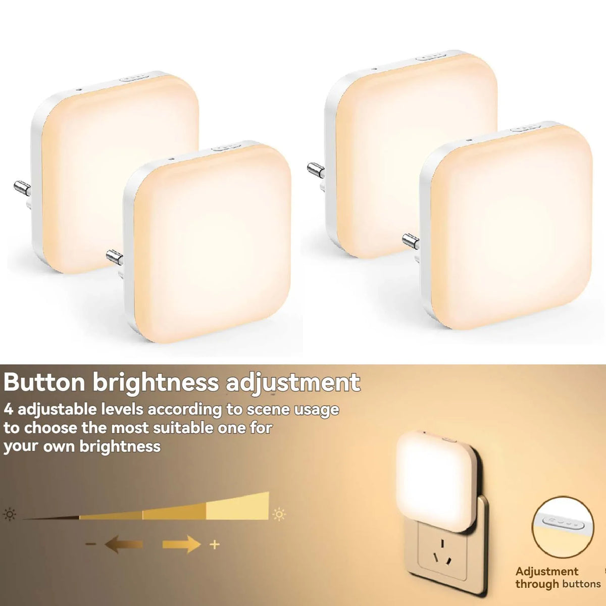 Dimmable Night Light With Auto On/Off Sensor Plug In Warm Light Energy Saving Slim Design Bedrooms, Bathroom, Stairs, Hallways
