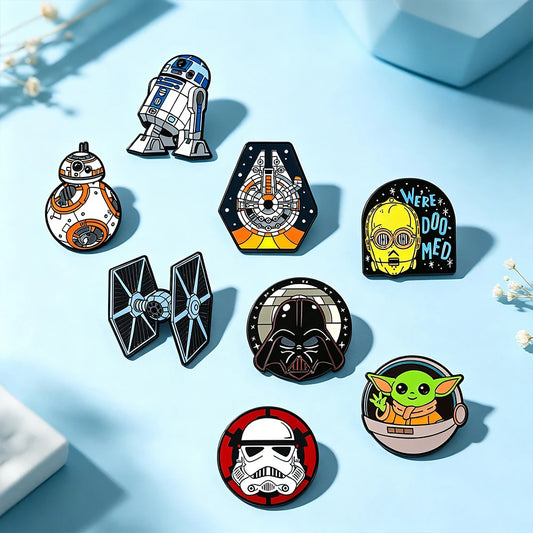 8pcs Star Wars Enamel Brooch Set R2-D2 BB-8 TIE Fighter Darth Vader Millennium Falcon Stormtrooper Grogu Clothing Jewelry