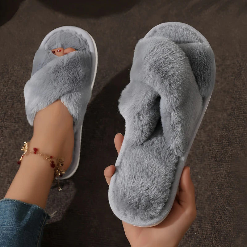 Women Fluffy Furry Slippers Cross Warm Lightweight Flat Heels Non Slip Home Shoes Autumn Winter Open Toe Fur Slides