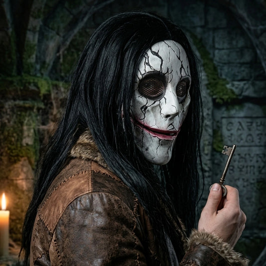 Halloween Scary Cracked Face Mask with Long Black Hair, Latex Full Face Mask with Mesh Eyes, Creepy Cosplay Costume Mask for Adu