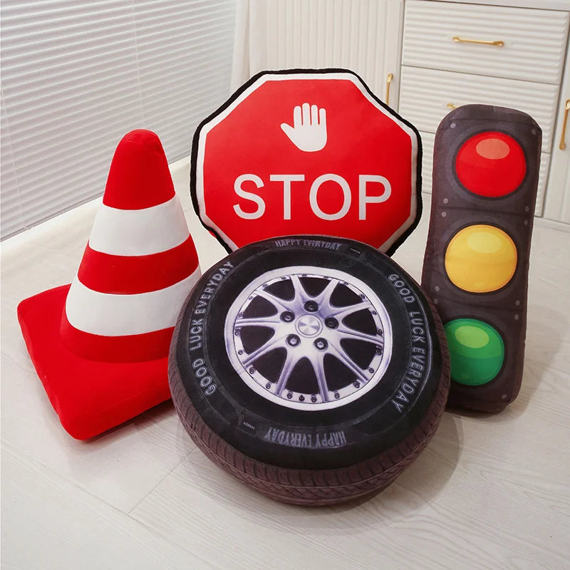 Simulation Vehicle Car Tires Traffic Light Stop Sign Plush Toy Roadblock Road Railing Stuffed Doll Home Decor Sleeping Cushion