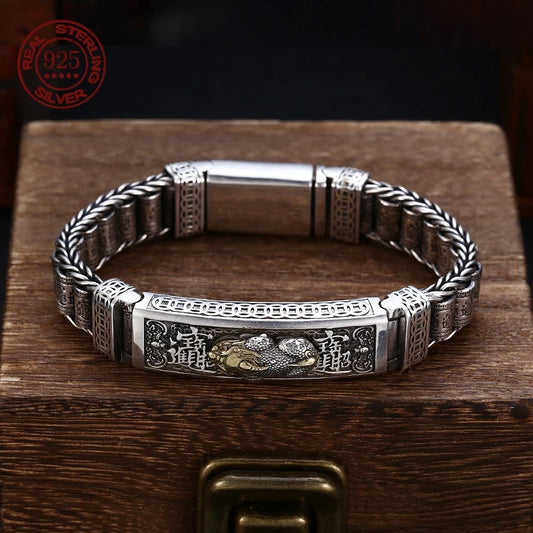 Factory Price S925 Sterling Silver Retro Lucky Pixiu Man Bracelet Thick Style Domineering Trend Personality Jewelry Gift