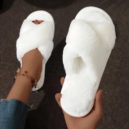 Women Fluffy Furry Slippers Cross Warm Lightweight Flat Heels Non Slip Home Shoes Autumn Winter Open Toe Fur Slides