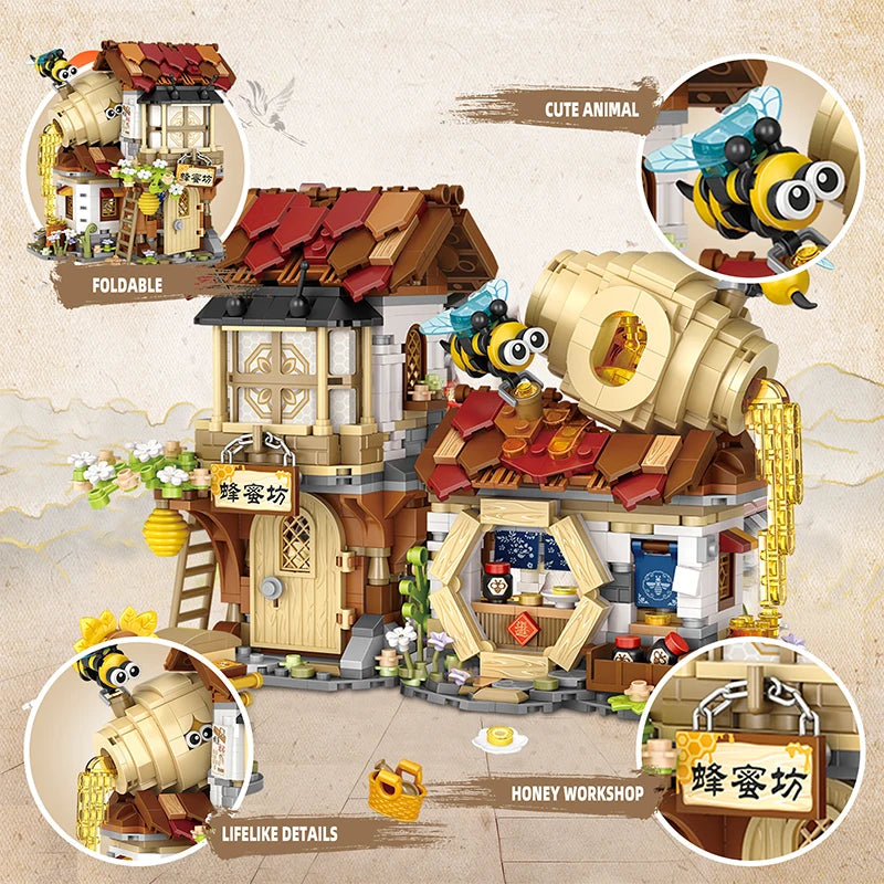 LOZ New Creative Mini Street View Bee Shop Building Block DIY Chinese Folding StreetView Pork Shop Puzzle Toys Birthday Gift