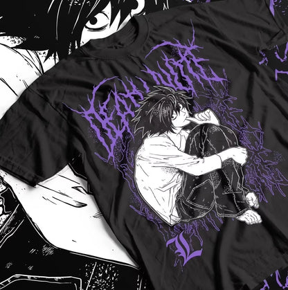 2026 Death Note Single Sided T-shirt Detective L Squat Pose Purple Metal Font Anime Print Oversized Cotton Tee For Otaku Fans