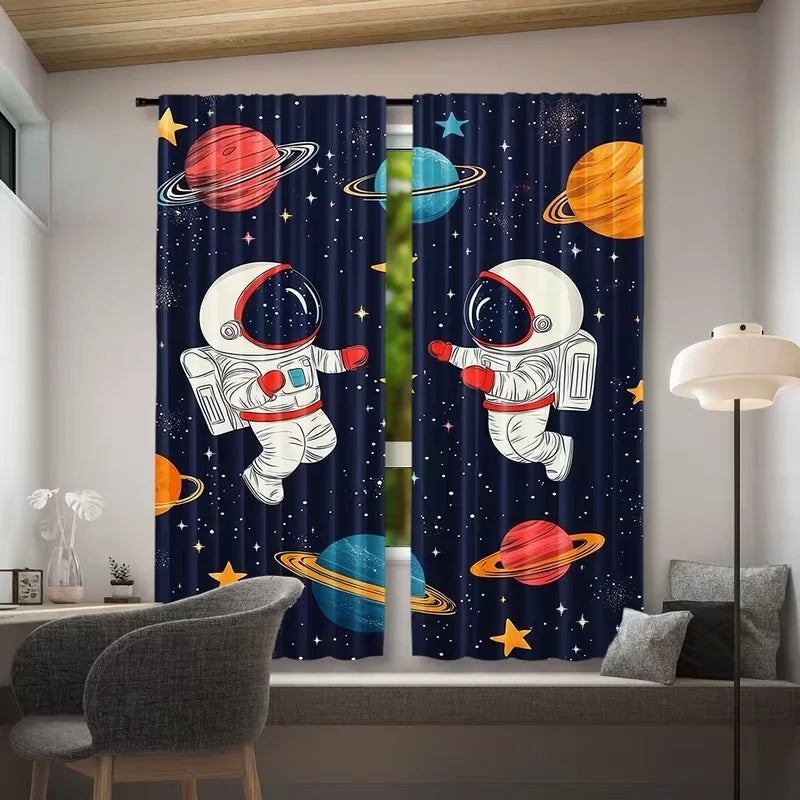 2PC Navy Space Astronaut Sheer Curtains - Playful Sci-Fi Themed Print Window Drapes for Kids' Room Bedroom Decor