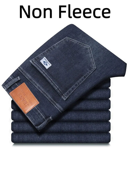 Men's Winter Fleece Thicken Lightweight Business Straight Leg Jeans Solid Color Versatile Slight Elastic Long Pants