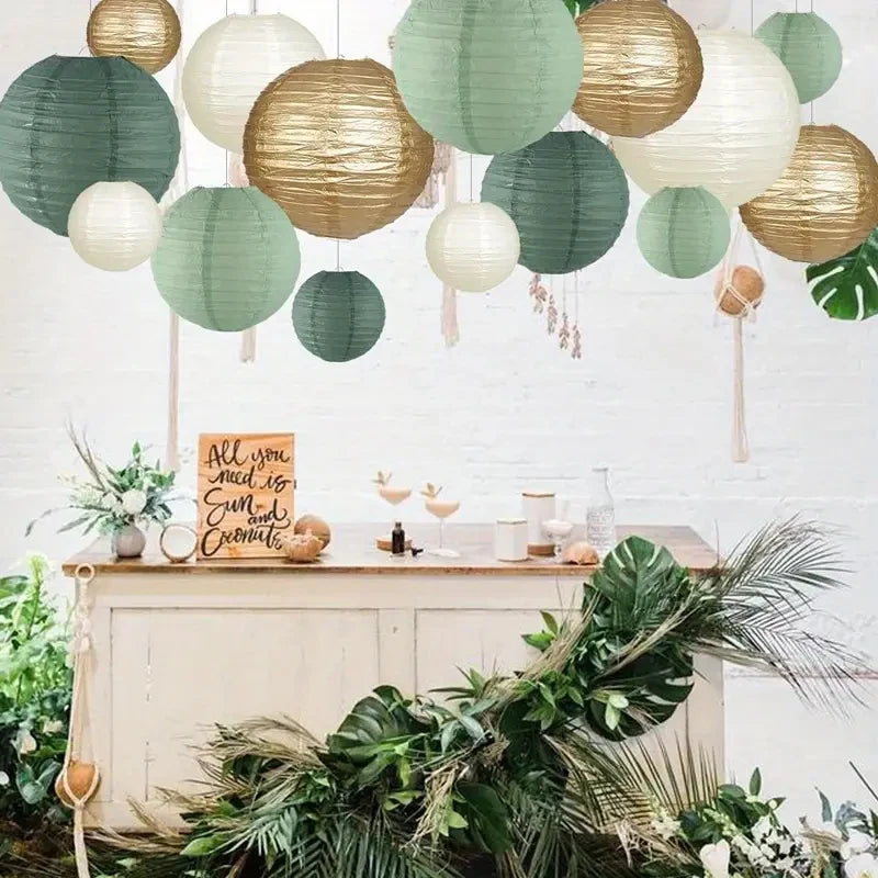 15-Piece Set of Paper Lantern Decorations, Round Hanging Paper Lantern Decorations, Suitable for Country Parties, Bridal Showers, Weddings, Gray-Green Birthday Party Supplies in Gold/Ivory/Grey-Green, Party Supplies, Ceiling
