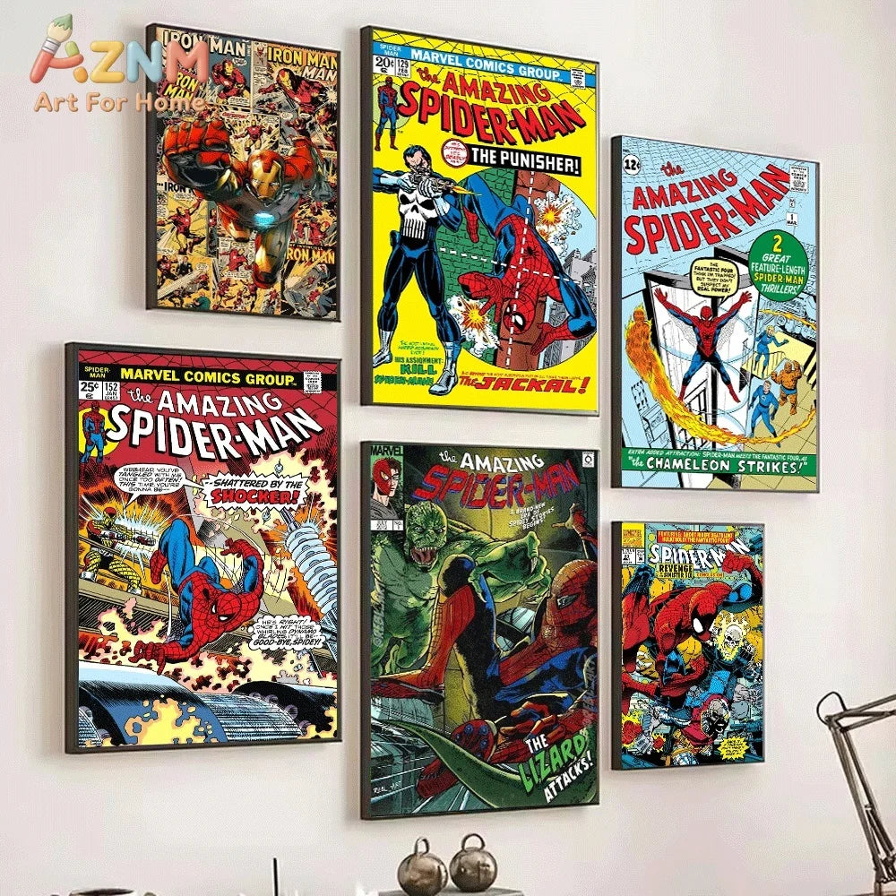 Superhero Iron Man Spider‑Man Vintage Comic Collage Canvas Wall Art Print Poster Unframed Canvas Painting Home Living Room Bed