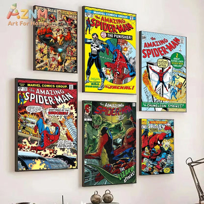 Superhero Iron Man Spider‑Man Vintage Comic Collage Canvas Wall Art Print Poster Unframed Canvas Painting Home Living Room Bed