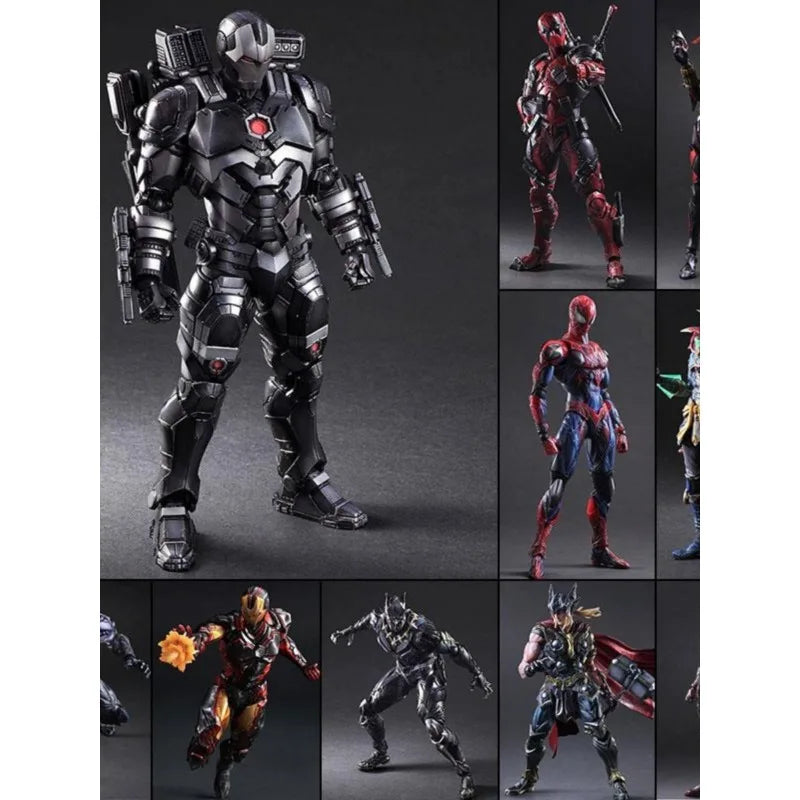 Iron Man, War Machine, Spider-Man, Captain America, Black Panther. Marvel action figures.