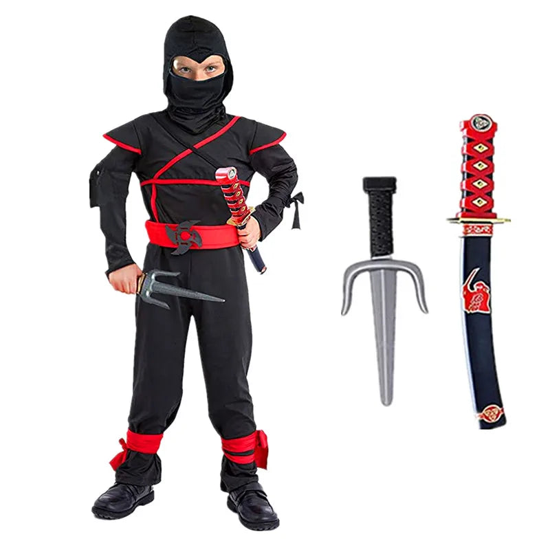 Black Ninja Costume Boy Halloween Japanese Samurai Costume Kid Anime Muscle Costume with Foam Accessories Best Children Gift