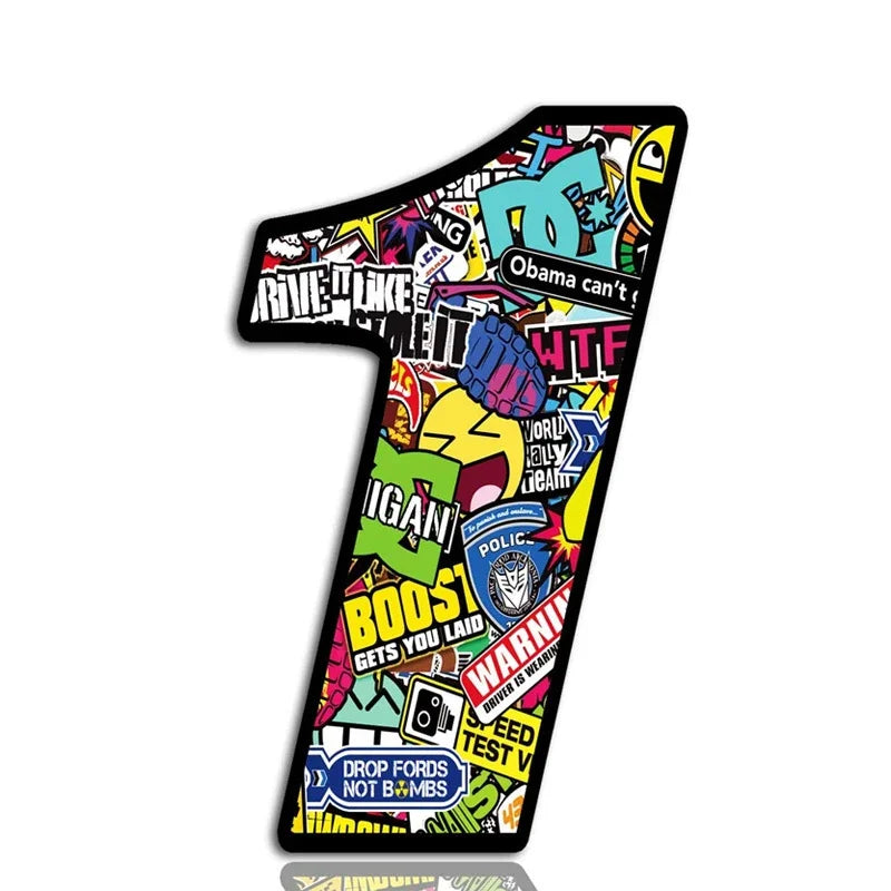 Punk digital skull car stickers featuring a colorful number 1 design with various graphics and patterns.