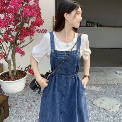 New 2025 Fashion Women's Denim Suspender Dress Causal Female High Waist A-line Solid Strap Jean Dresses Woman