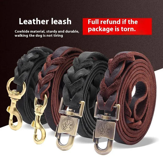 Genuine Leather Dog Leash - Top Grain Cowhide Training Lead with Heavy Duty Clip, Handcrafted Pet Leash for Medium Large Dogs