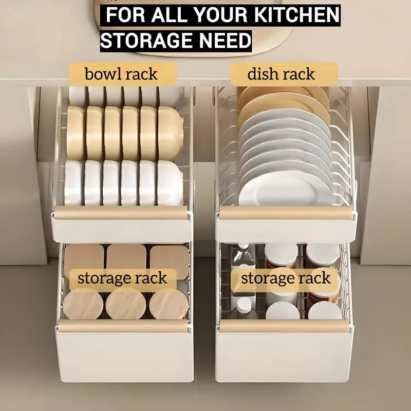 Pull-Out Kitchen Storage Rack - Carbon Steel Dish Rack with Sliding Drawers for Dishes, Cutlery, and Condiment Storage Organizer