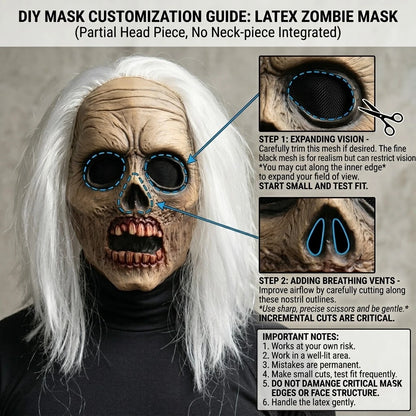 Professional Haunted House White Hair Zombie Skull Mask Head Latex Scary Undead Costume Cosplay Accessory Halloween Carnival