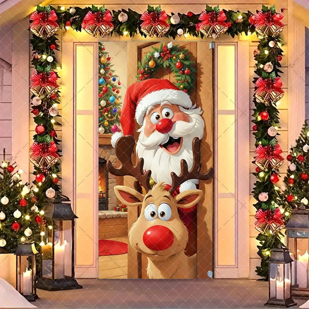 Christmas Humorous Santa Claus And Elk Door Banner Party Decorations Indoor Outdoor Veranda Door Cover Supplies Festive Gifts