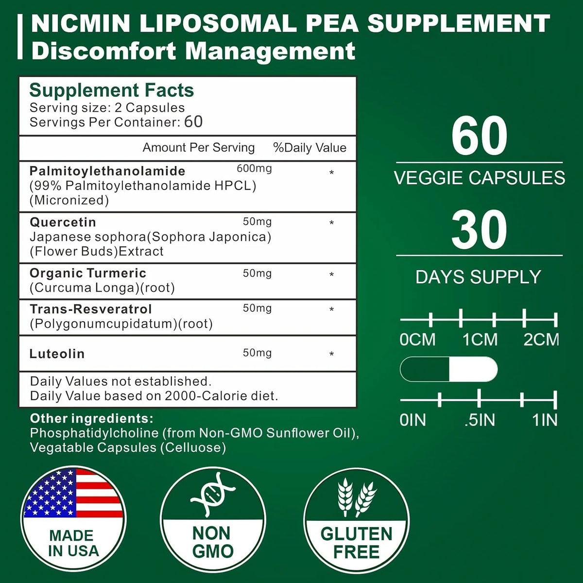 Top Factories 600mg Palm Oil Ethanolamide 99% Containing Lutein and Quercetin, High Absorption, Pea Supplement 120 Capsules