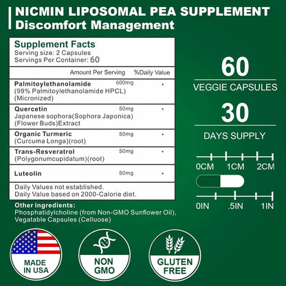 Top Factories 600mg Palm Oil Ethanolamide 99% Containing Lutein and Quercetin, High Absorption, Pea Supplement 120 Capsules