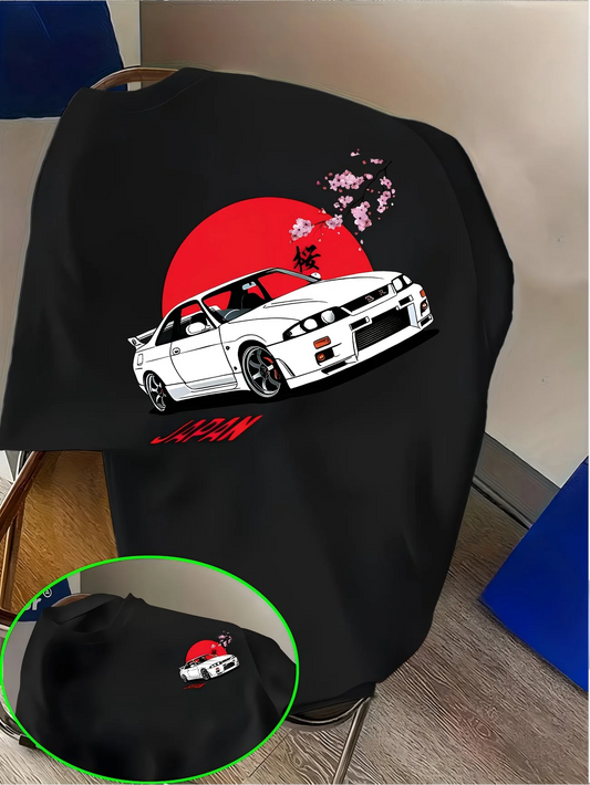 Anime Style JDM Sports Car T-Shirt Japanese Rising Sun Sakura Graphic Tee Summer Short Sleeve Loose Tops Unisex Streetwear Tops