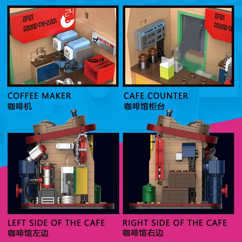 DECOOL Cyberpunk Street View Building Blocks Coffee Shop Sushi Restaurant With Led Strip Bricks Toys For Boys Birthday Gifts