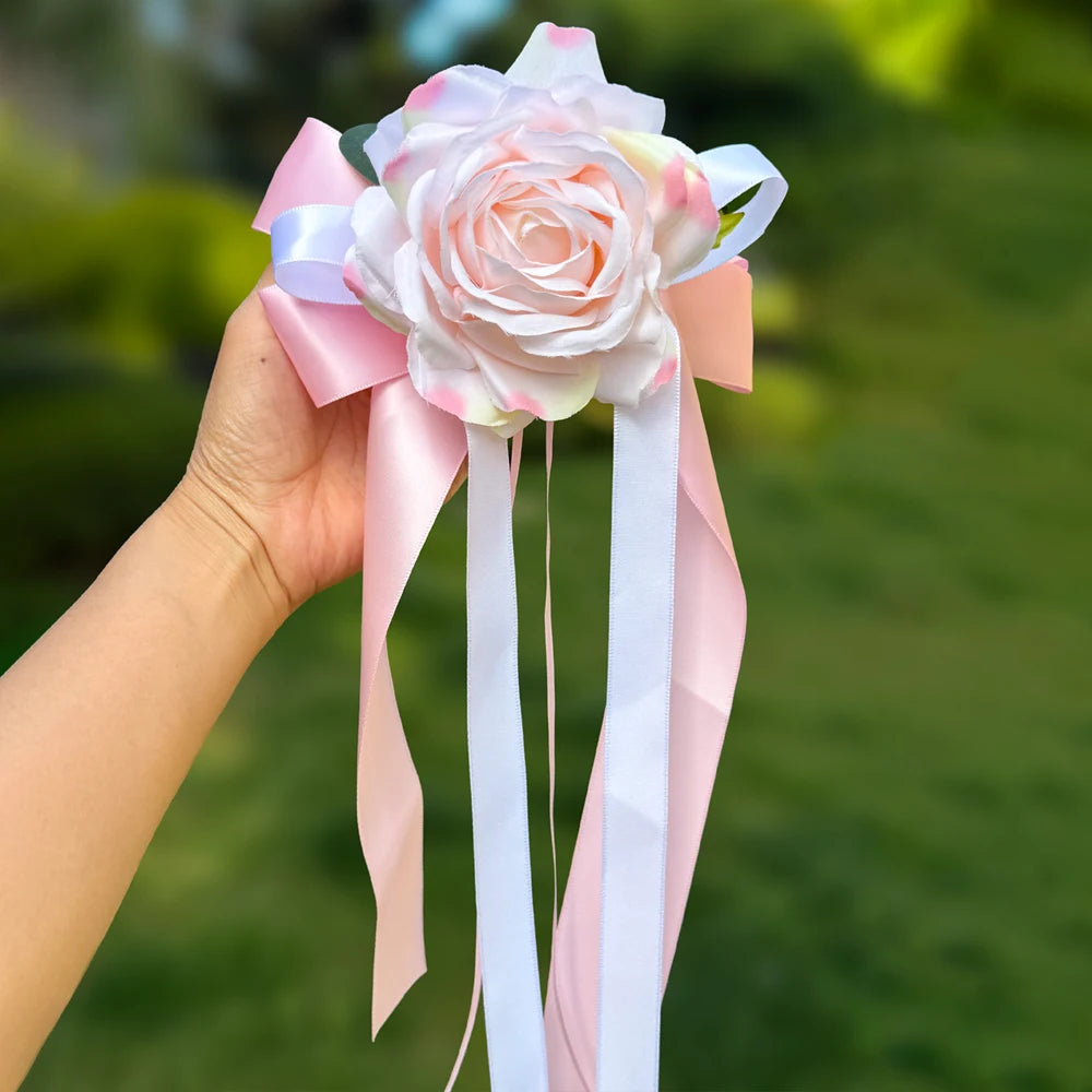 2pcs Artificial Rose Decor Flower with Suction Cup for Wedding Car Rearview Mirror Decor Ceremony Chair Back Floral Reception
