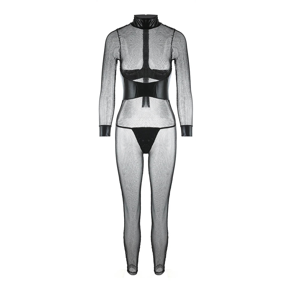 Women's Mesh Catsuit Sheer Lace Long Sleeve Mock Neck Bodycon Jumpsuit Unitard Bodysuit