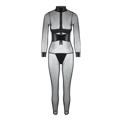 Women's Mesh Catsuit Sheer Lace Long Sleeve Mock Neck Bodycon Jumpsuit Unitard Bodysuit