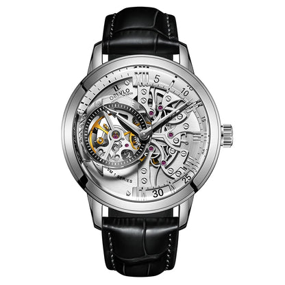 OBLVLO Luxury Retro 45mm Dial Skeleton Automatic Watches For Men Calfskin Strap Mineral Crystal Waterproof Mechanical Watch VM