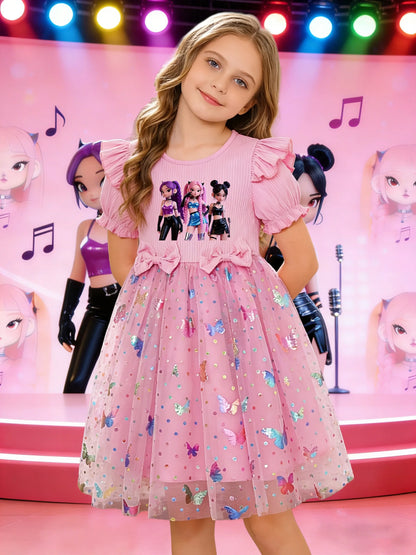Girls' dress with sweet and cool girl group prints + double bows at the waist, puff sleeves, and a pink princess dress