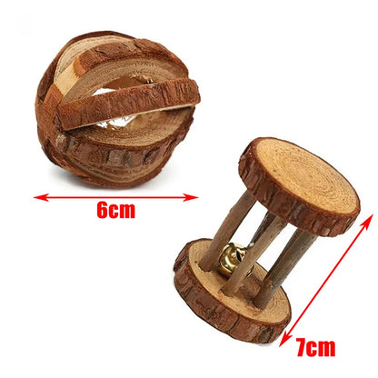 Guinea Pig Rabbit Hamster Small Animal Play Pet Roller Toys Natural Wooden Pine Dumbells Unicycle Bell Chew Chewing Braided Ball