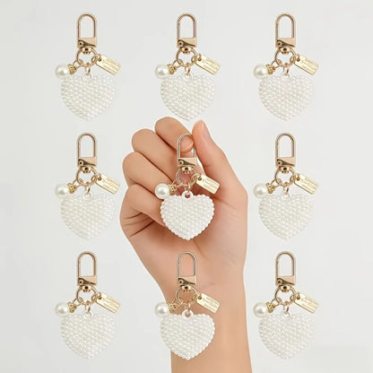 30pcs/10sets Faux Pearl Heart Keychain Set, Love Charm Metal Key Rings with Gift Cards&Bags, Wedding Party Favors for Women