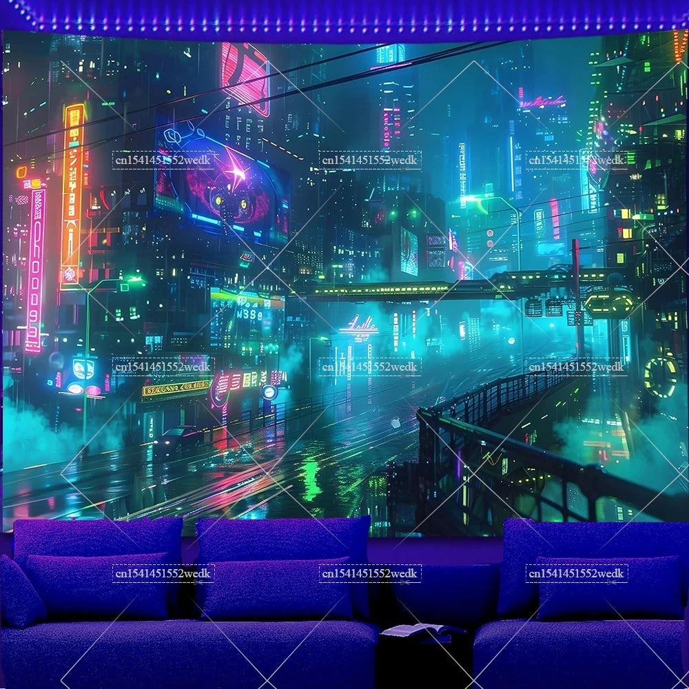 Glow In The Dark Urban Landscape Blacklight Tapestry UV Reactive Street Scene Neon Tapestrys Aesthetic Fluorescent Tapestries