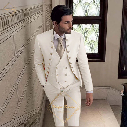Men's Khaki Tuxedo 3-Piece Suit Jacket Vest Pants Classic Luxury Male Customized Set for Wedding Groom Cocktail Xmas Party Dress