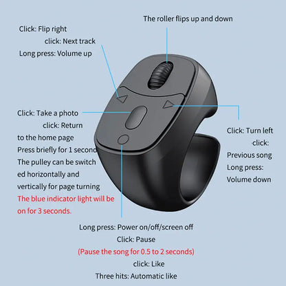 Bluetooth Ring Remote, Wireless Page Turner Scroller Selfie Clicker Shutter for iOS Android Phone, Hands-Free Controller