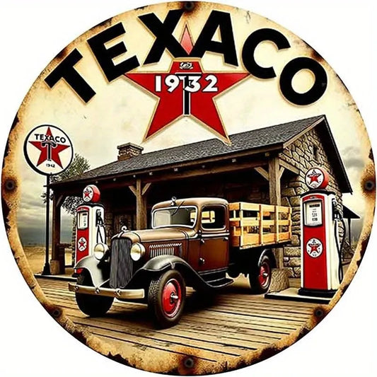Vintage American Style Texaco Gas Station Metal Aluminum Sign Featuring Classic Truck And Fuel Pump Designs, Suitable for Garage