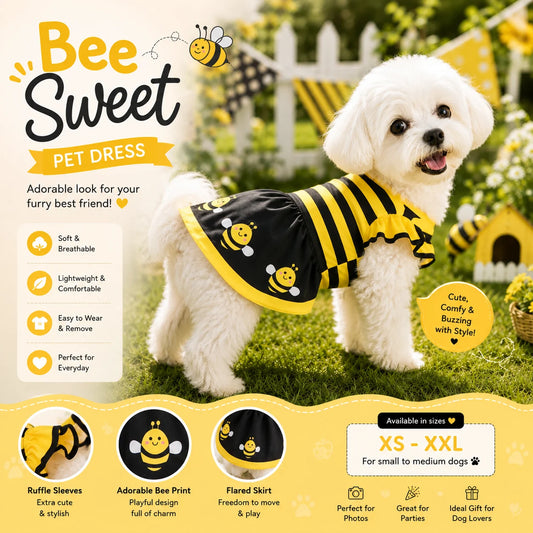 Dog Dress Cute Bee, Pet Bee Costumes, Yellow Cartoon Bumble Bee Stripes Dog Kitten Cat Puppy Pet Apparel for Party Halloween