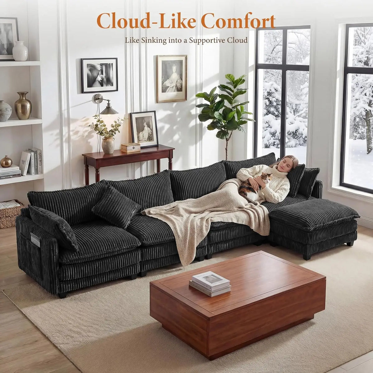 143" L Shape Modular Sectional Sofa Corduroy Upholstery Cloud Living Room 3 Seat Movable Ottoman Pillows Dark Grey Custom